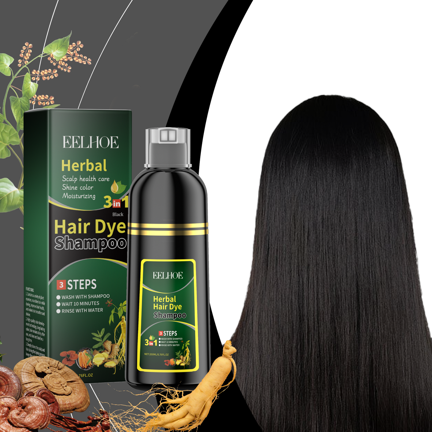 Plant Black Hair Shampoo with Extracts for Refreshing Color Care Treatment