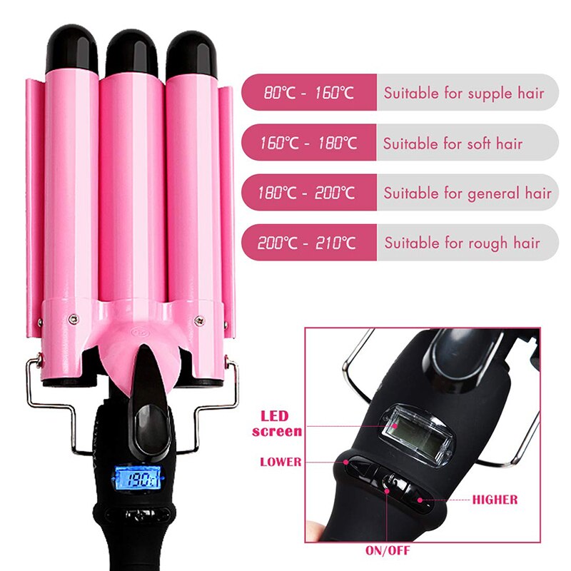 LED Ceramic Triple Barrel Hair Curler for Waves and Stylish Curls