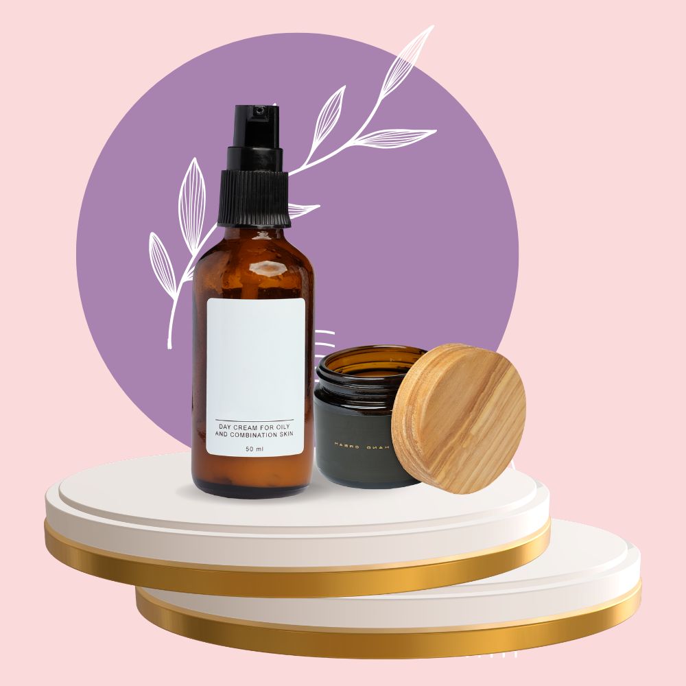Amber spray bottle and bamboo jar on gold podium with purple floral background