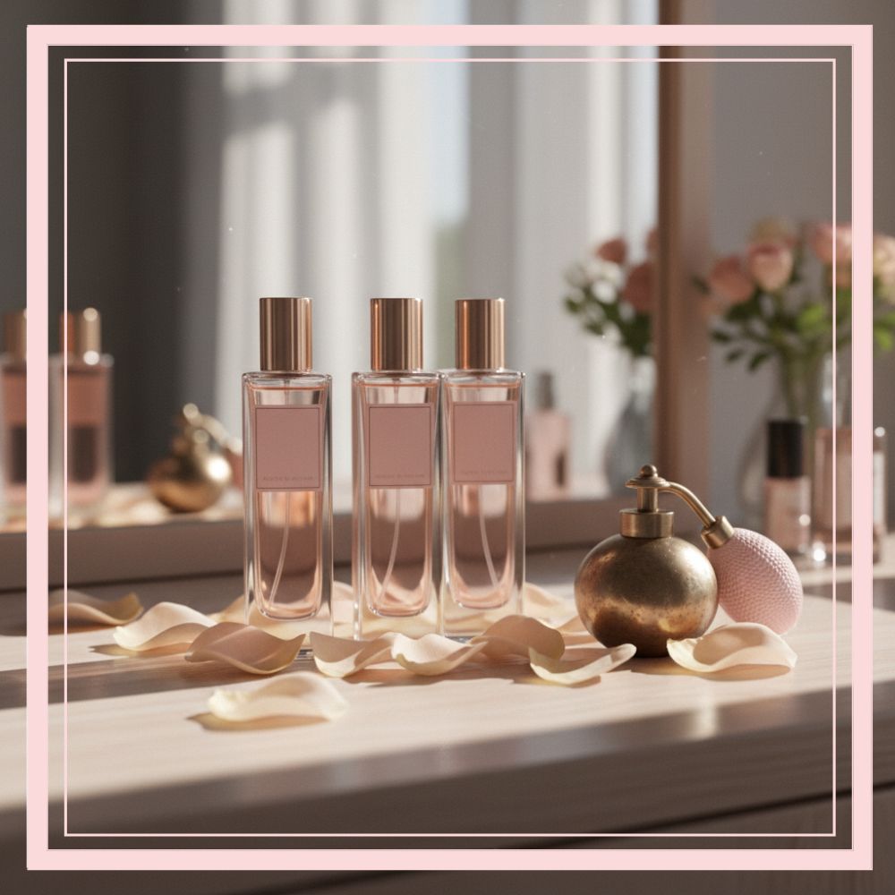 Three elegant luxury perfume bottles with rose gold caps on vanity