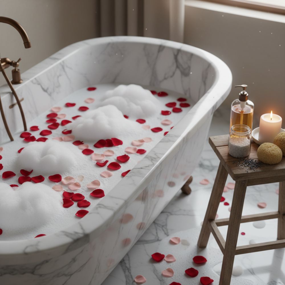 Marble bathtub filled with bubbles and red rose petals beside candles