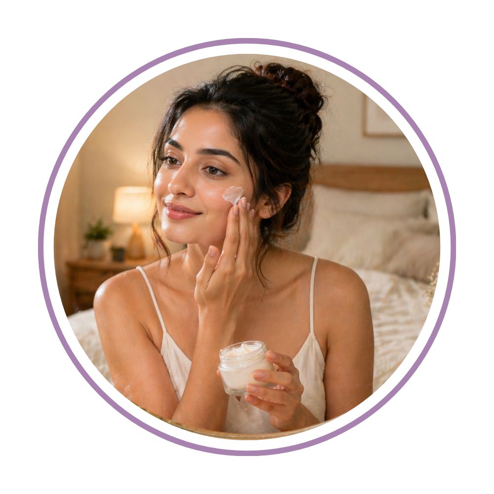Smiling woman applying white face cream on cheek in cozy bedroom