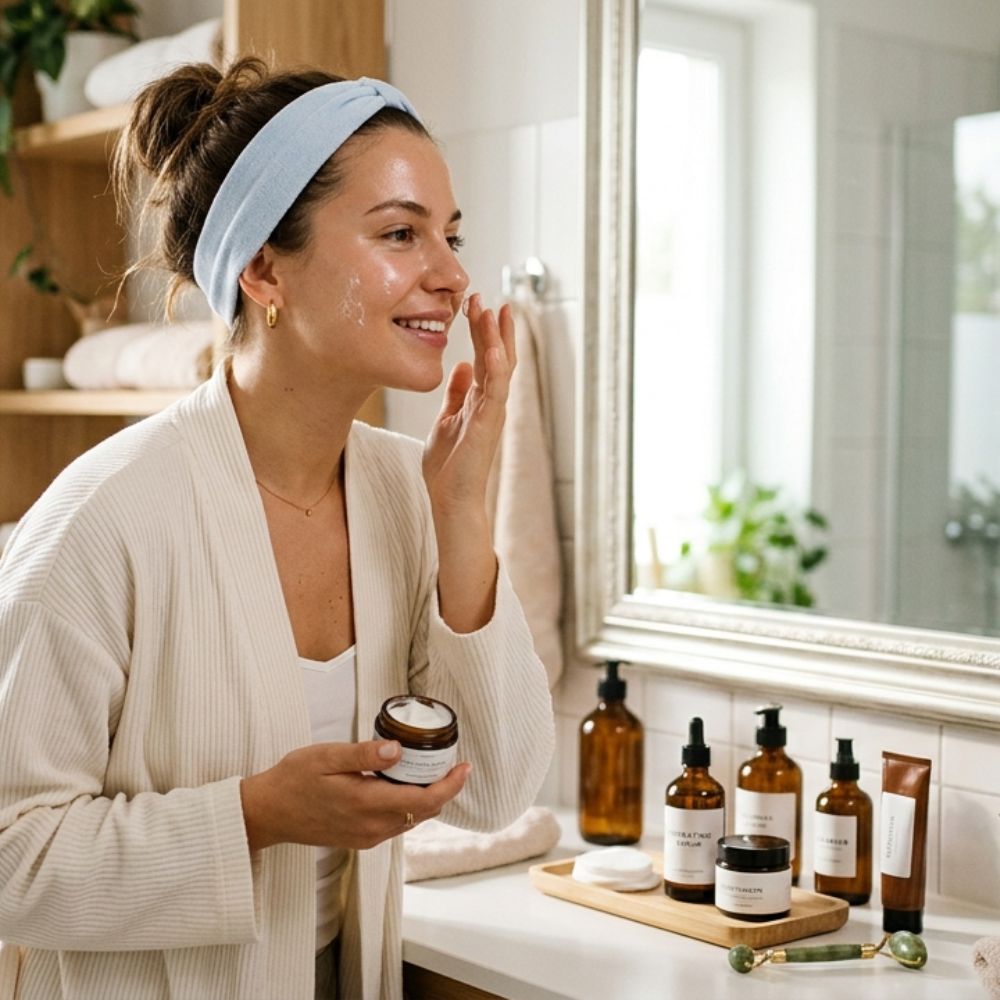 woman applying face cream with amber skincare bottles on bathroom counter