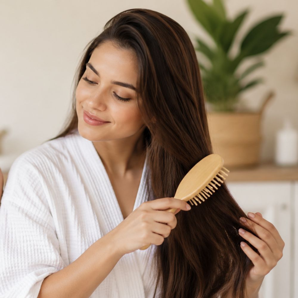 Smiling woman in white robe brushing long dark shiny hair indoors
