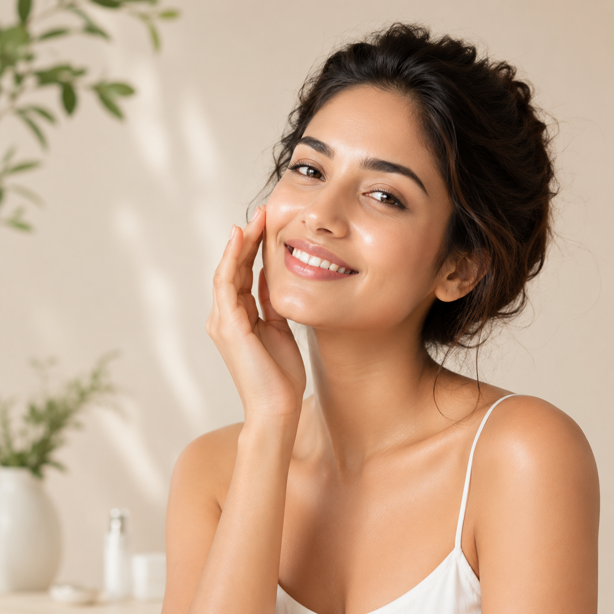  woman touching glowing cheek with green plant background