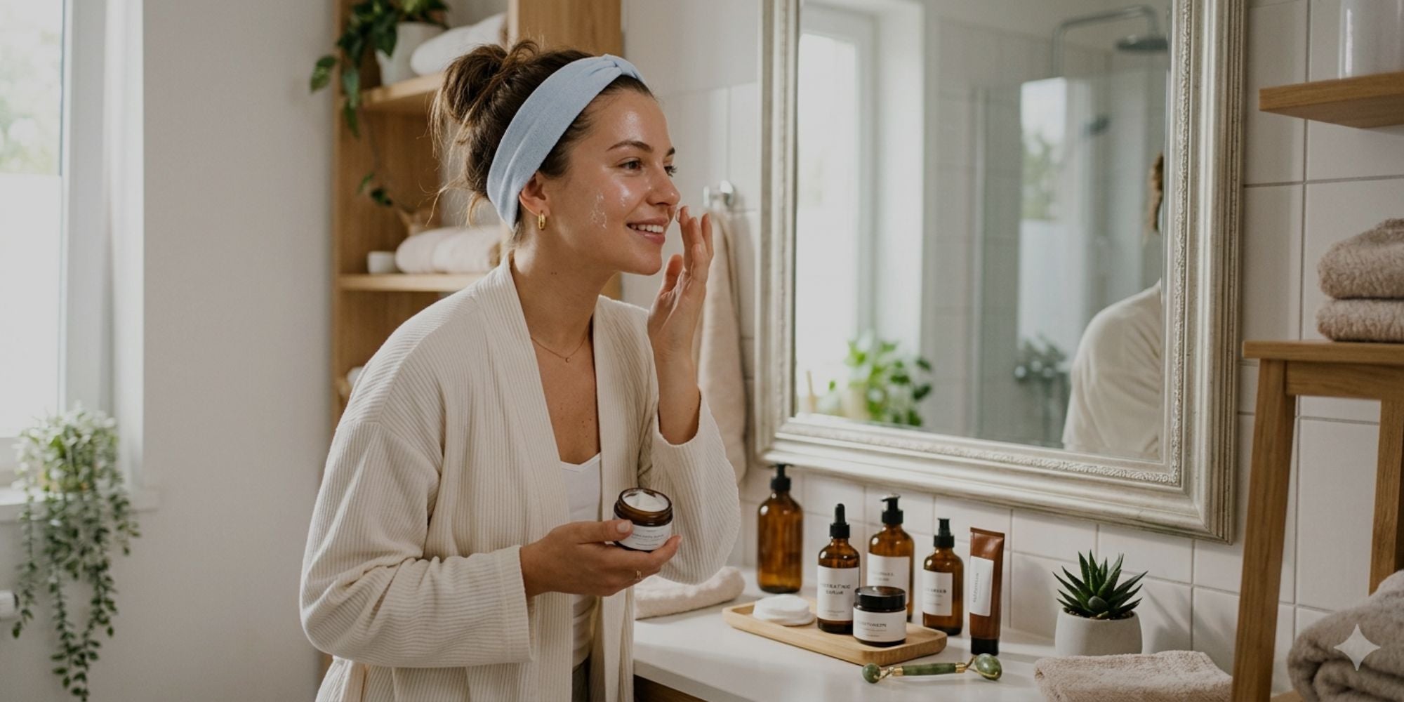 Smiling woman applying face cream in bright natural bathroom with skincare products